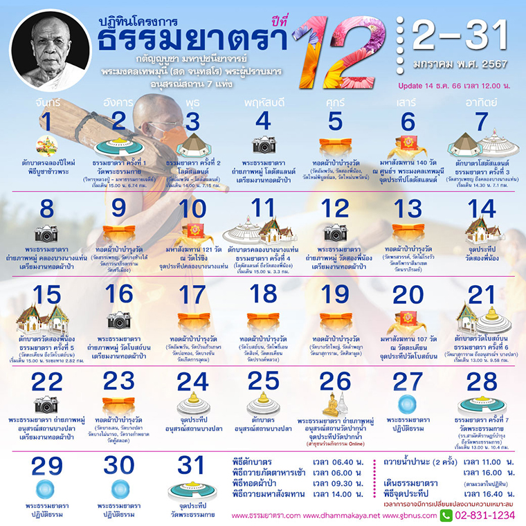 โครงการธรรมยาตรา กตัญญูบูชา มหาปูชนียาจารย์ พระมงคลเทพมุนี (สด จนฺสโร) พระผู้ปราบมาร อนุสรณ์สถาน 7 แห่ง ปีที่ 12 วันที่ 2-31 มกราคม พ.ศ. 2567