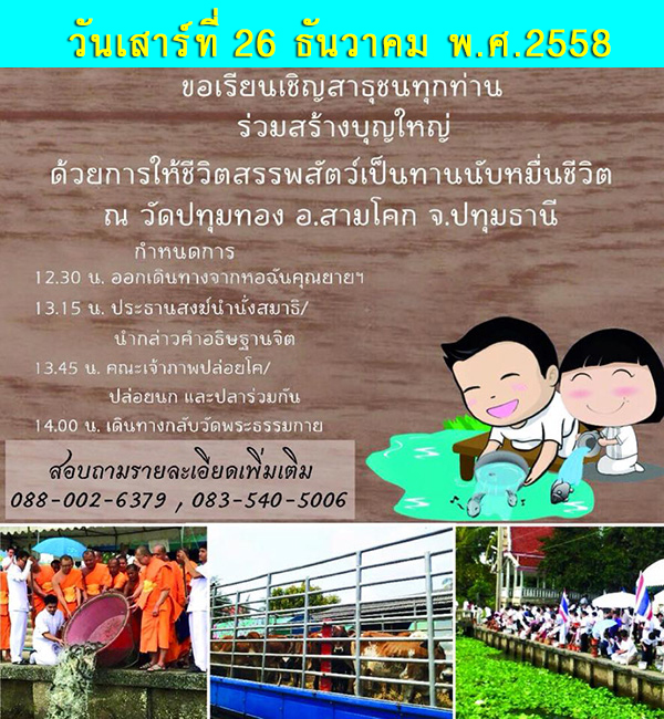 ขอเรียนเชิญทุกท่านร่วมสร้างบุญใหญ่  ด้วยการให้ชีวิตสัตว์เป็นธรรมทานนับหมื่นชีวิต อาทิ โค นก ปลาดุก  วันเสาร์ที่ 26 ธันวาคม พ.ศ.2558  ณ วัดปทุมทอง อ.สามโคก จ.ปทุมธานี