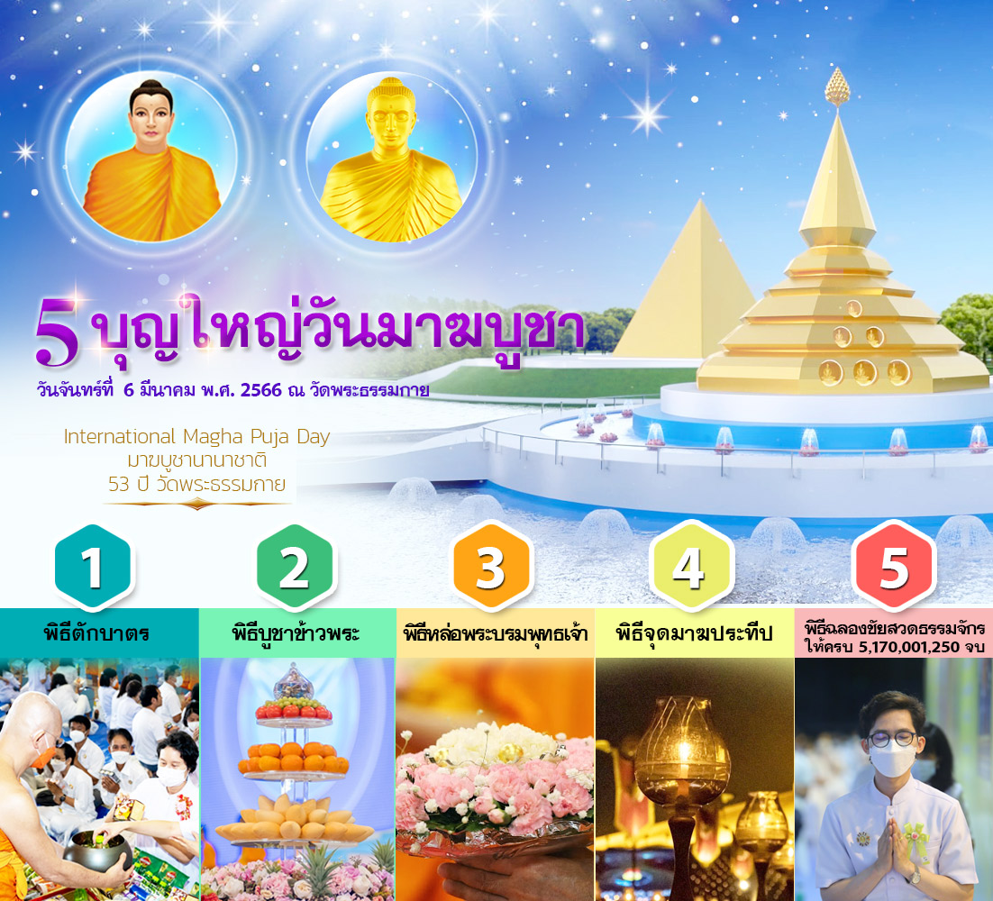 5 บุญใหญ่ในวันมาฆบูชา วันจันทร์ที่ 6 มีนาคม พ.ศ. 2566 ณ วัดพระธรรมกาย จ.ปทุมธานี