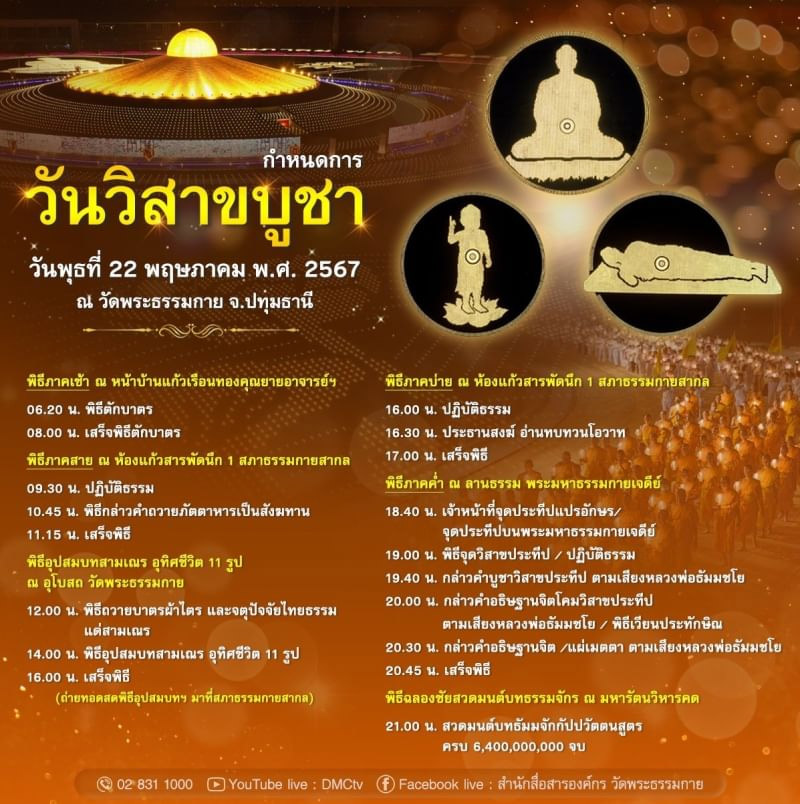 กําหนดการวันวิสาขบูชา วันพุธที่ 22 พฤษภาคม พ.ศ. 2567 ณ วัดพระธรรมกาย จ.ปทุมธานี