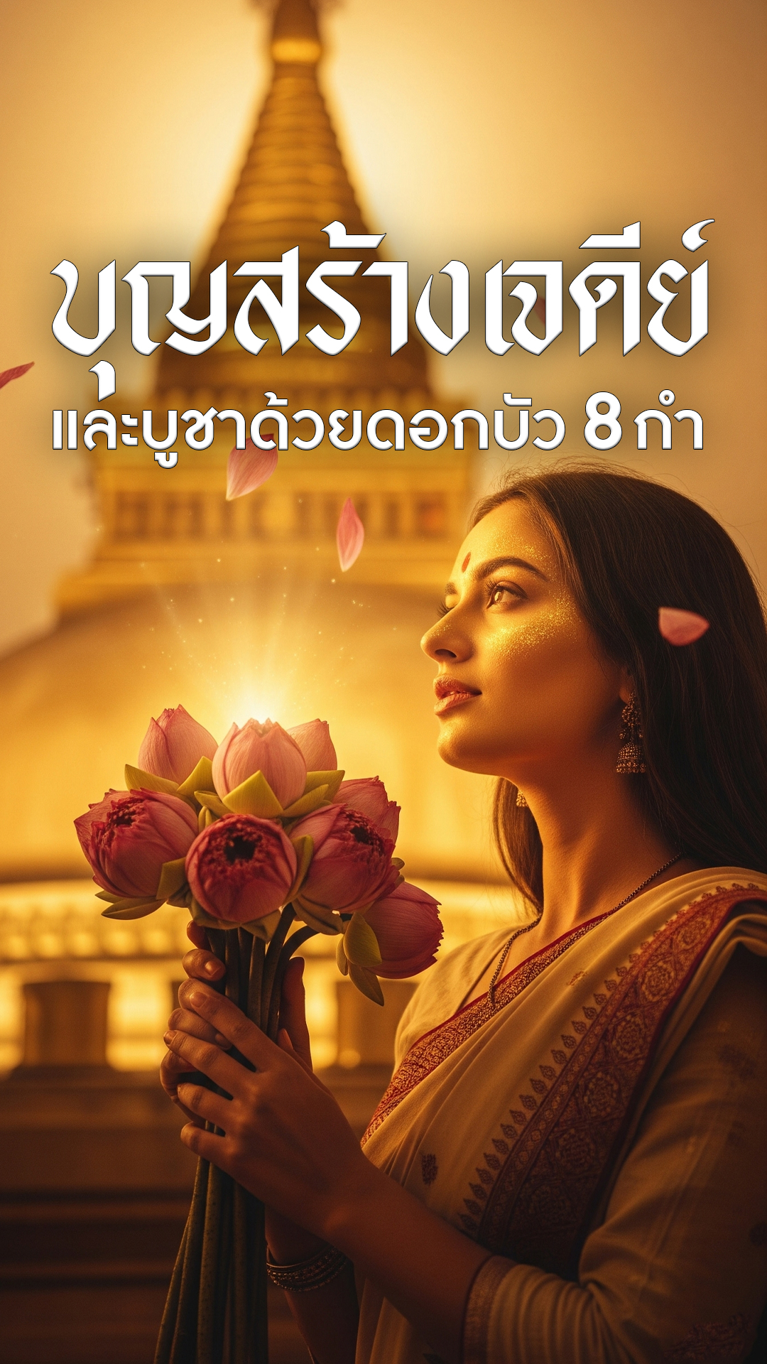 อานิสงส์สร้างเจดีย์, บุญสร้างเจดีย์, ผลบุญบูชาเจดีย์, ดอกบัว 8 กำ, อานิสงส์บูชาเจดีย์, ผลบุญเจดีย์ทอง, สร้างเจดีย์ได้อะไร, บุญใหญ่ในพระพุทธศาสนา, ผลบุญดอกบัว, เรื่องเล่าพุทธศาสนา, นิทานธรรมะ, ธรรมะสอนใจ