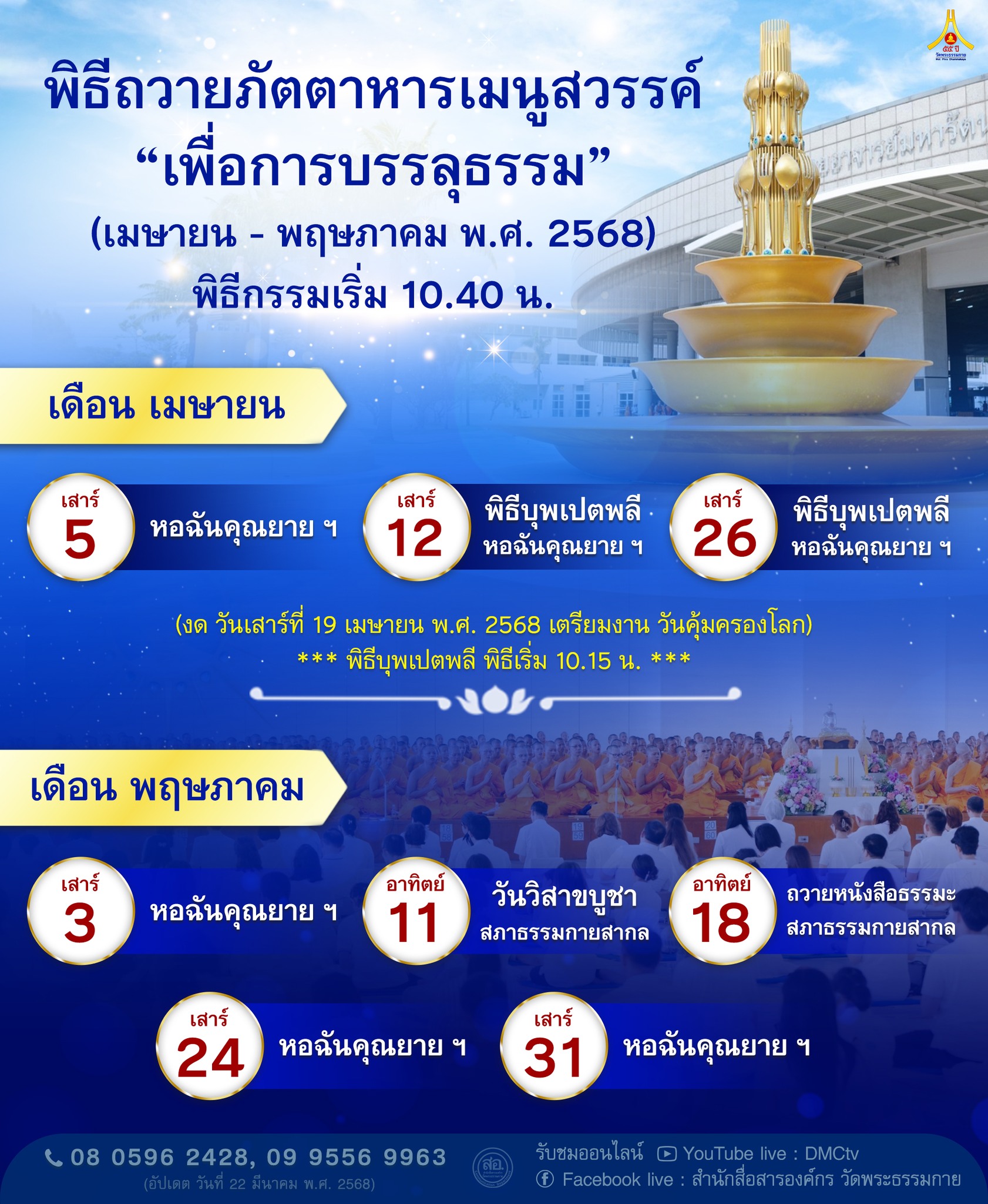 พิธีถวายภัตตาหารเมนูสวรรค์ “เพื่อการบรรลุธรรม” (เมษายน – พฤษภาคม พ.ศ.2568)